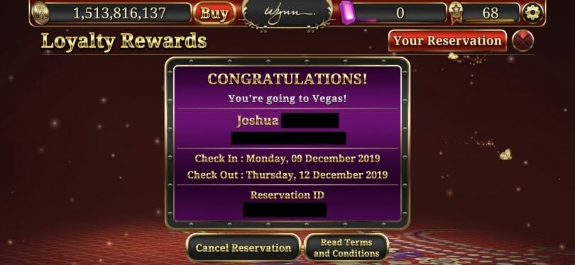 Wynn Slots comp room reservation confirmation