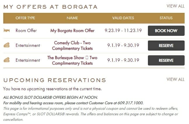 Borgata Atlantic City website offers
