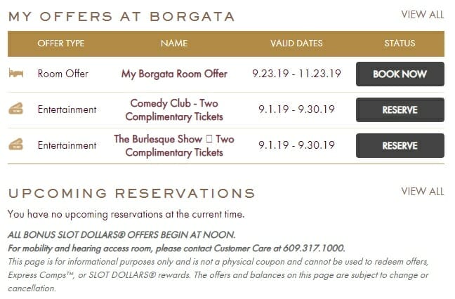 Borgata Atlantic City website offers