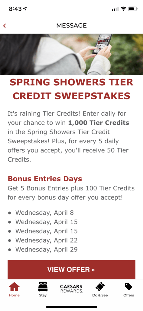 Caesars Rewards app April 2020 tier credit promotion