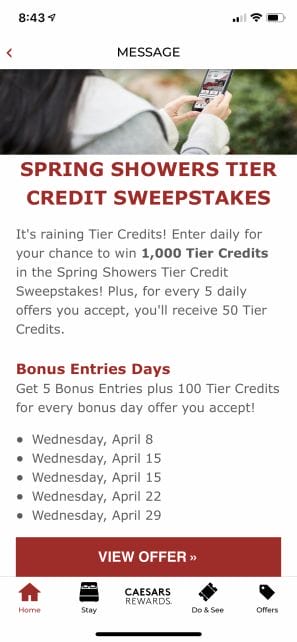 Caesars Rewards app April 2020 tier credit promotion