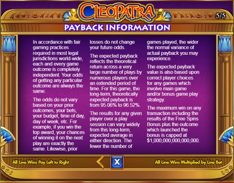 Double Down Casino Cleopatra payback information