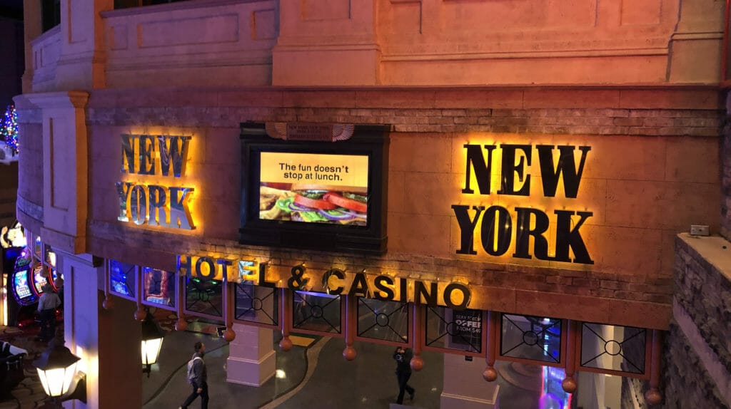 New York-New York Las Vegas sign down escalator