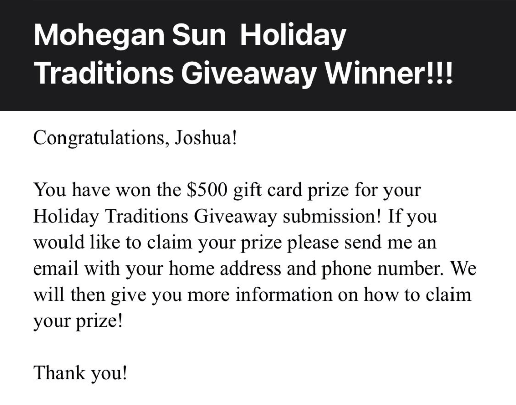 Mohegan Sun contest winner