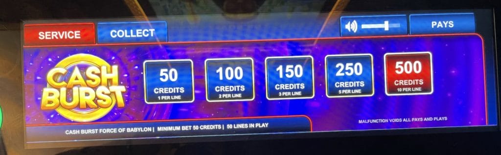 Cash Burst Force of Babylon by Scientific Games bet panel