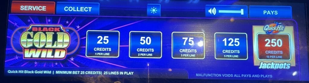 Quick Hit Black Gold Wild by Scientific Games bet panel