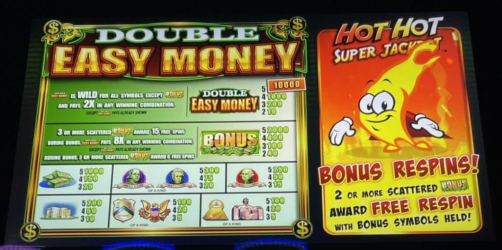 Hot Hot Super Jackpot Double Easy Money by WMS pay table
