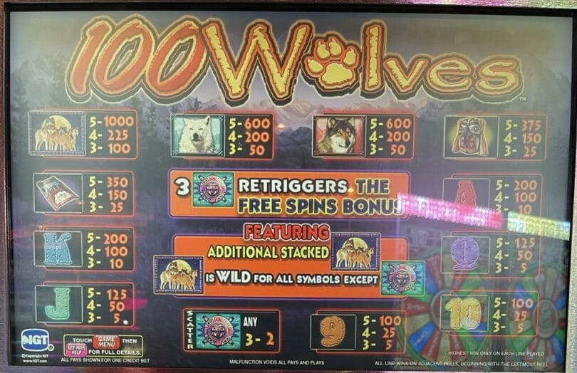 100 Wolves by IGT pay table