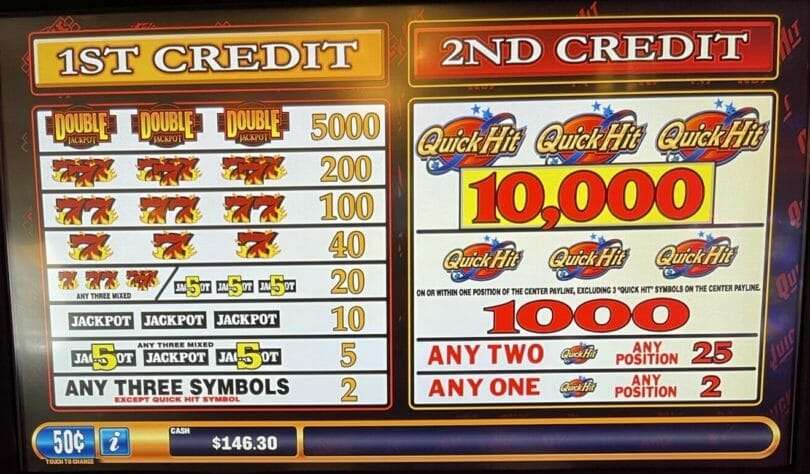 Quick Hit Double Jackpot by Bally pay table