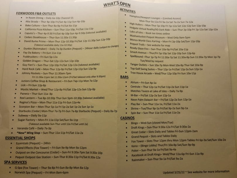 Foxwoods Hours of Operation as of 3/22