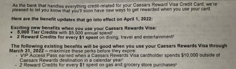 Caesars Rewards credit card changes