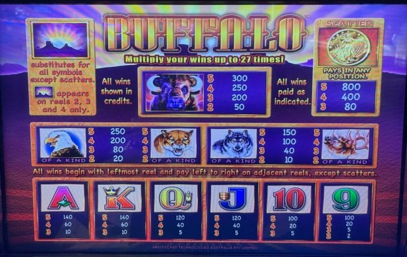 Buffalo by Aristocrat slot machine pay table